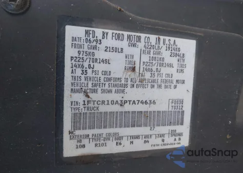 1993 Ford Ranger from USA, damaged, VIN 1FTCR10A3PTA74636